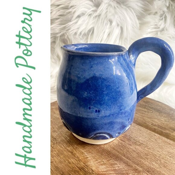 ARTISAN SIGNED HANDMADE GLAZED CERAMIC FARMHOUSE PITCHER Blue R. Turiel - Picture 1 of 12
